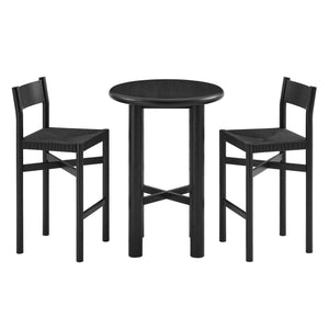 Modway Furniture Alvia Solid Oak Round Bar Table Set with Woven Rope Stools for Kitchen or Nook Black EEI-7556-BLK