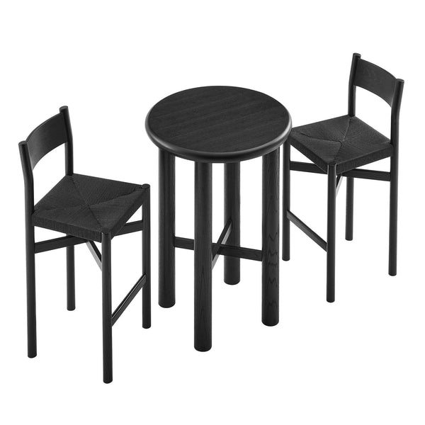 Modway Furniture Alvia Solid Oak Round Bar Table Set with Woven Rope Stools for Kitchen or Nook Black EEI-7556-BLK