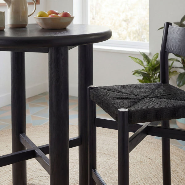 Modway Furniture Alvia Solid Oak Round Bar Table Set with Woven Rope Stools for Kitchen or Nook Black EEI-7556-BLK