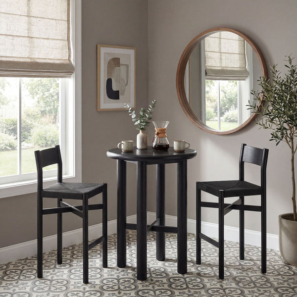 Modway Furniture Alvia Solid Oak Round Bar Table Set with Woven Rope Stools for Kitchen or Nook Black EEI-7556-BLK