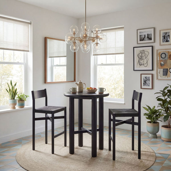 Modway Furniture Alvia Solid Oak Round Bar Table Set with Woven Rope Stools for Kitchen or Nook Black EEI-7556-BLK