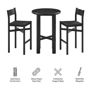 Modway Furniture Alvia Solid Oak Round Bar Table Set with Woven Rope Stools for Kitchen or Nook Black EEI-7556-BLK