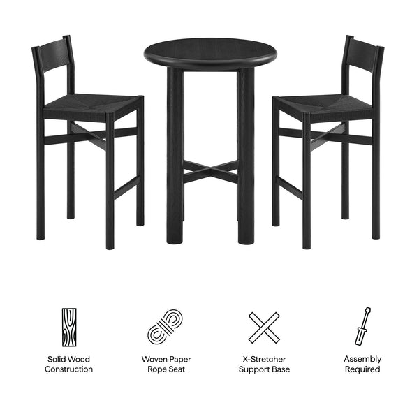 Modway Furniture Alvia Solid Oak Round Bar Table Set with Woven Rope Stools for Kitchen or Nook Black EEI-7556-BLK