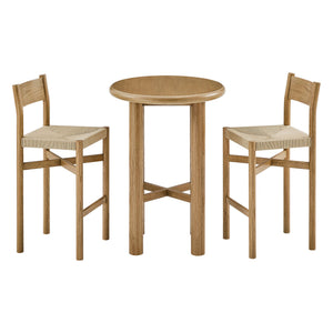 Modway Furniture Alvia Solid Oak Round Bar Table Set with Woven Rope Stools for Kitchen or Nook Brown EEI-7556-WOA