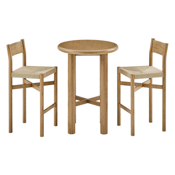 Modway Furniture Alvia Solid Oak Round Bar Table Set with Woven Rope Stools for Kitchen or Nook Brown EEI-7556-WOA
