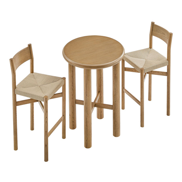 Modway Furniture Alvia Solid Oak Round Bar Table Set with Woven Rope Stools for Kitchen or Nook Brown EEI-7556-WOA