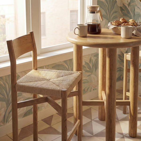 Modway Furniture Alvia Solid Oak Round Bar Table Set with Woven Rope Stools for Kitchen or Nook Brown EEI-7556-WOA