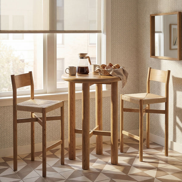 Modway Furniture Alvia Solid Oak Round Bar Table Set with Woven Rope Stools for Kitchen or Nook Brown EEI-7556-WOA