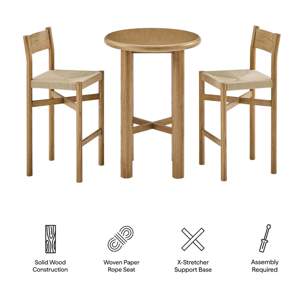 Modway Furniture Alvia Solid Oak Round Bar Table Set with Woven Rope Stools for Kitchen or Nook Brown EEI-7556-WOA