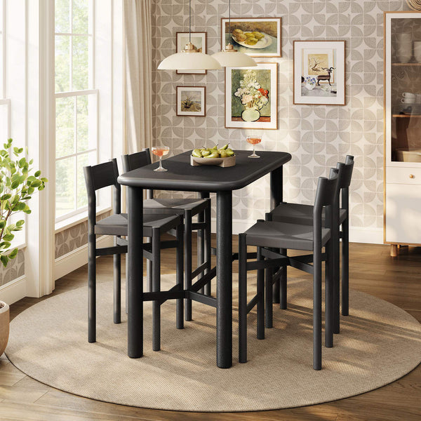 Modway Furniture Alvia Modway 5 Piece Solid Oak Bar Set with Woven Rope Seats for Kitchen Dining Black EEI-7557-BLK