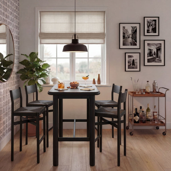 Modway Furniture Alvia Modway 5 Piece Solid Oak Bar Set with Woven Rope Seats for Kitchen Dining Black EEI-7557-BLK