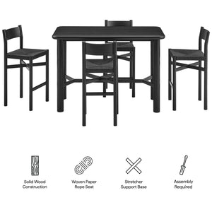 Modway Furniture Alvia Modway 5 Piece Solid Oak Bar Set with Woven Rope Seats for Kitchen Dining Black EEI-7557-BLK