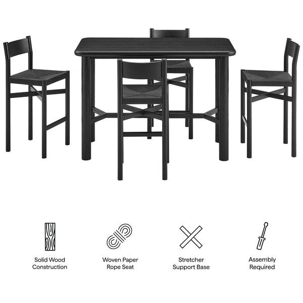 Modway Furniture Alvia Modway 5 Piece Solid Oak Bar Set with Woven Rope Seats for Kitchen Dining Black EEI-7557-BLK