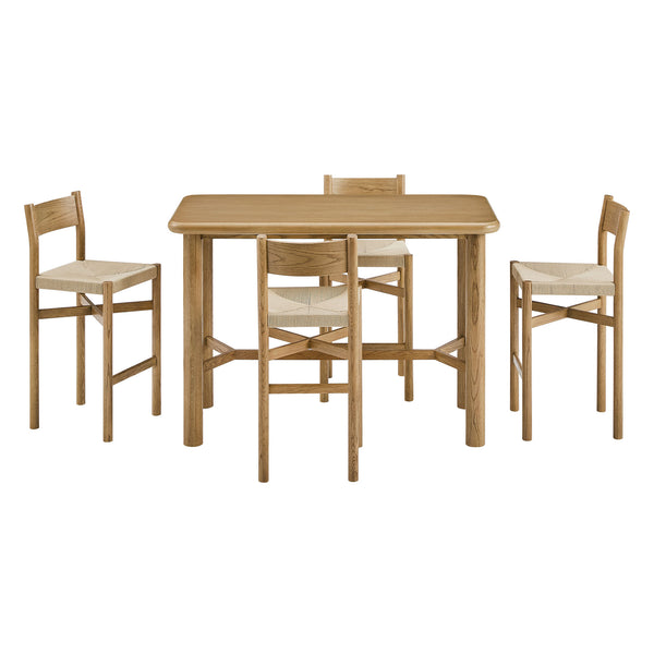Modway Furniture Alvia Modway 5 Piece Solid Oak Bar Set with Woven Rope Seats for Kitchen Dining Brown EEI-7557-WOA