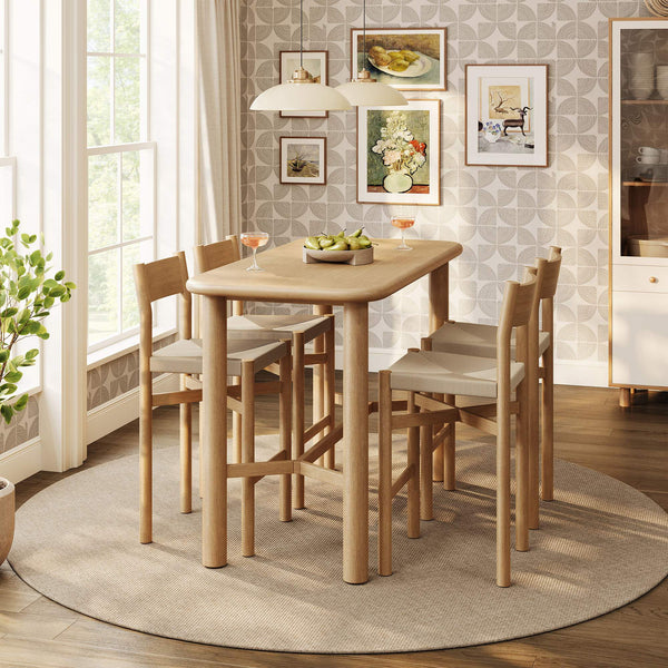 Modway Furniture Alvia Modway 5 Piece Solid Oak Bar Set with Woven Rope Seats for Kitchen Dining Brown EEI-7557-WOA