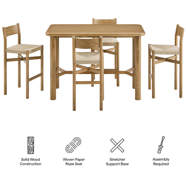 Modway Furniture Alvia Modway 5 Piece Solid Oak Bar Set with Woven Rope Seats for Kitchen Dining Brown EEI-7557-WOA