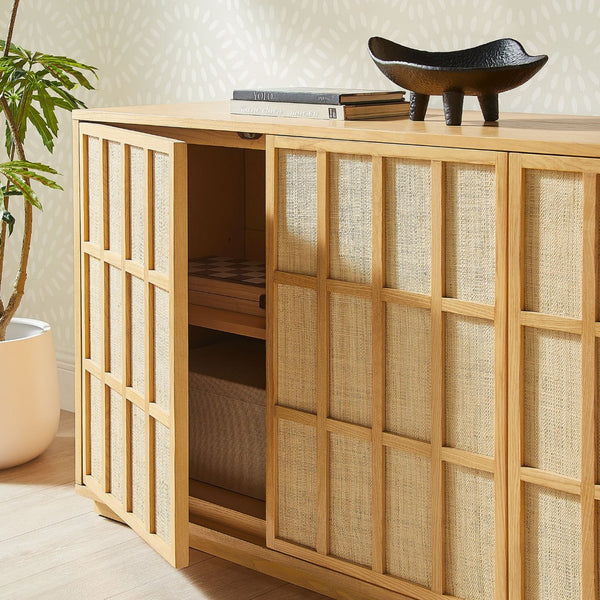 Modway Furniture Aiko Japandi Ash Wood Sideboard with Woven Panel Doors for Dining or Living Rooms EEI-7559-LOA