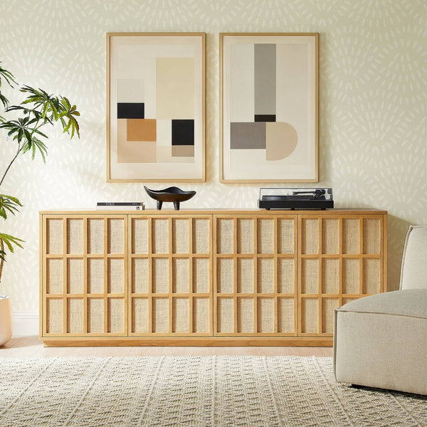 Modway Furniture Aiko Japandi Ash Wood Sideboard with Woven Panel Doors for Dining or Living Rooms EEI-7559-LOA