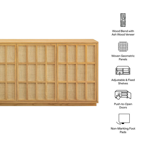 Modway Furniture Aiko Japandi Ash Wood Sideboard with Woven Panel Doors for Dining or Living Rooms EEI-7559-LOA
