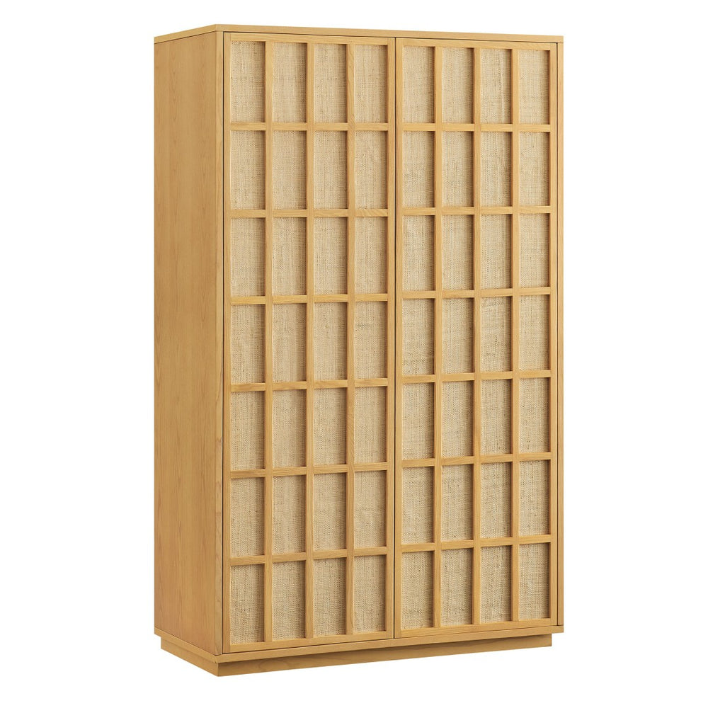 Modway Furniture Aiko Japandi Tall Storage Cabinet with Woven Panel Doors and Ash Wood Veneer Frame EEI-7560-LOA