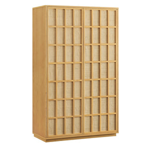 Modway Furniture Aiko Japandi Tall Storage Cabinet with Woven Panel Doors and Ash Wood Veneer Frame EEI-7560-LOA