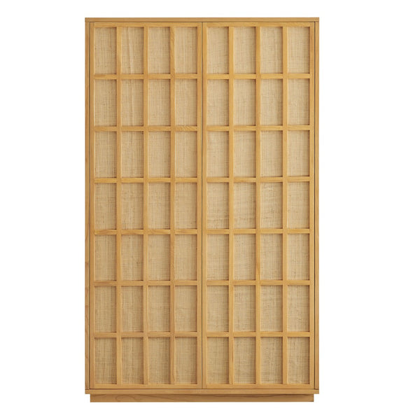 Modway Furniture Aiko Japandi Tall Storage Cabinet with Woven Panel Doors and Ash Wood Veneer Frame EEI-7560-LOA