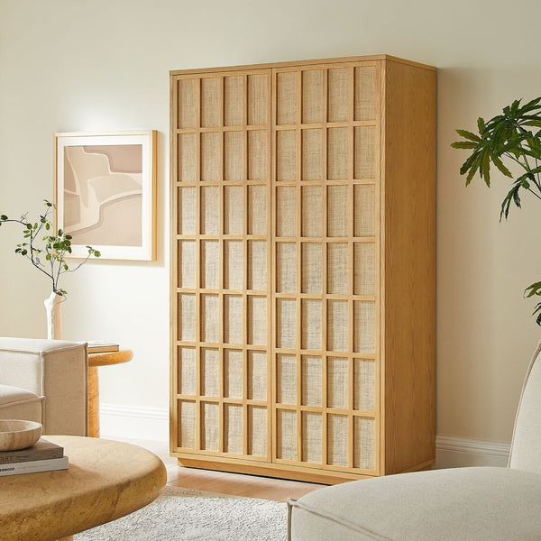 Modway Furniture Aiko Japandi Tall Storage Cabinet with Woven Panel Doors and Ash Wood Veneer Frame EEI-7560-LOA