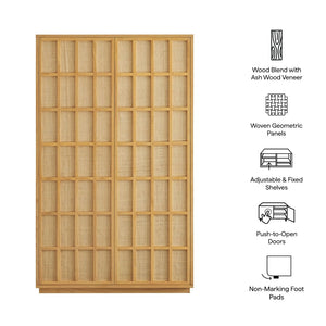 Modway Furniture Aiko Japandi Tall Storage Cabinet with Woven Panel Doors and Ash Wood Veneer Frame EEI-7560-LOA