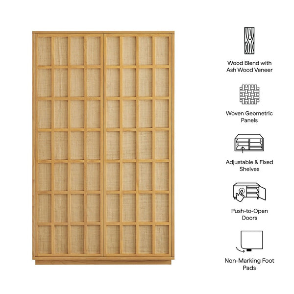 Modway Furniture Aiko Japandi Tall Storage Cabinet with Woven Panel Doors and Ash Wood Veneer Frame EEI-7560-LOA