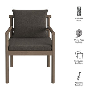 Modway Furniture Eleni Solid Teak Outdoor Dining Chair with Woven Rope Back for Patio Decks Weathered Gray Flint EEI-7561-WGR-FLI
