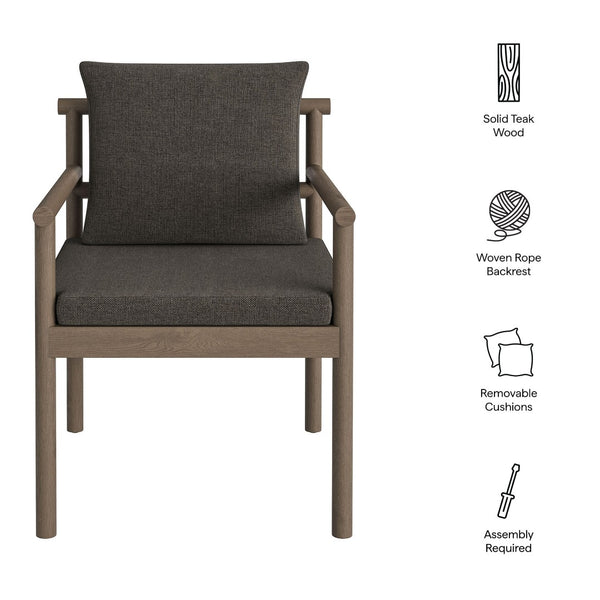 Modway Furniture Eleni Solid Teak Outdoor Dining Chair with Woven Rope Back for Patio Decks Weathered Gray Flint EEI-7561-WGR-FLI