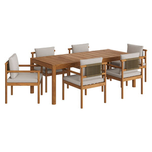 Modway Furniture Eleni Solid Teak Outdoor Dining Set Seats Six with Rope Accent Armchairs Natural Sail EEI-7563-NAT-SAI
