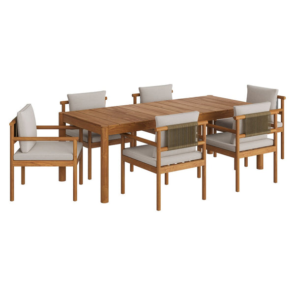 Modway Furniture Eleni Solid Teak Outdoor Dining Set Seats Six with Rope Accent Armchairs Natural Sail EEI-7563-NAT-SAI