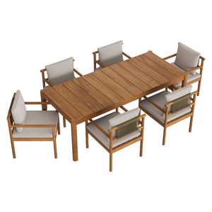 Modway Furniture Eleni Solid Teak Outdoor Dining Set Seats Six with Rope Accent Armchairs Natural Sail EEI-7563-NAT-SAI