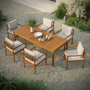 Modway Furniture Eleni Solid Teak Outdoor Dining Set Seats Six with Rope Accent Armchairs Natural Sail EEI-7563-NAT-SAI