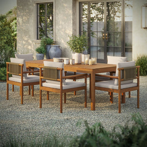 Modway Furniture Eleni Solid Teak Outdoor Dining Set Seats Six with Rope Accent Armchairs Natural Sail EEI-7563-NAT-SAI