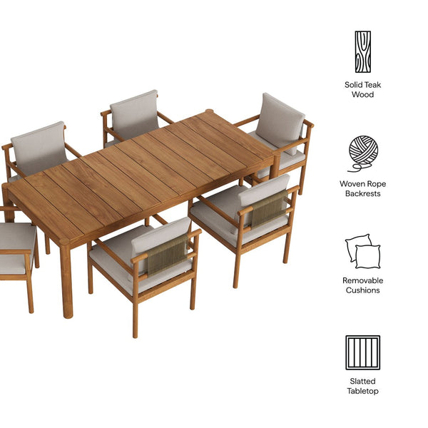 Modway Furniture Eleni Solid Teak Outdoor Dining Set Seats Six with Rope Accent Armchairs Natural Sail EEI-7563-NAT-SAI