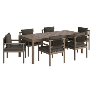 Modway Furniture Eleni Solid Teak Outdoor Dining Set Seats Six with Rope Accent Armchairs Weathered Gray Flint EEI-7563-WGR-FLI