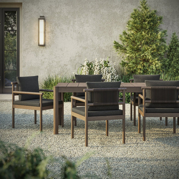 Modway Furniture Eleni Solid Teak Outdoor Dining Set Seats Six with Rope Accent Armchairs Weathered Gray Flint EEI-7563-WGR-FLI