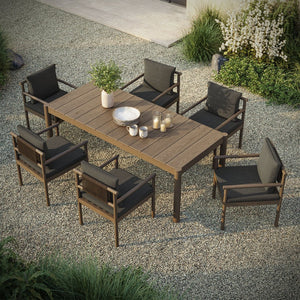 Modway Furniture Eleni Solid Teak Outdoor Dining Set Seats Six with Rope Accent Armchairs Weathered Gray Flint EEI-7563-WGR-FLI