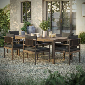 Modway Furniture Eleni Solid Teak Outdoor Dining Set Seats Six with Rope Accent Armchairs Weathered Gray Flint EEI-7563-WGR-FLI
