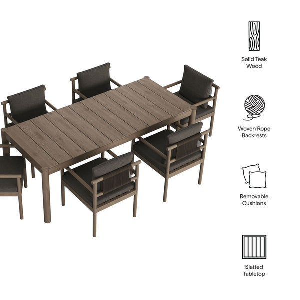 Modway Furniture Eleni Solid Teak Outdoor Dining Set Seats Six with Rope Accent Armchairs Weathered Gray Flint EEI-7563-WGR-FLI