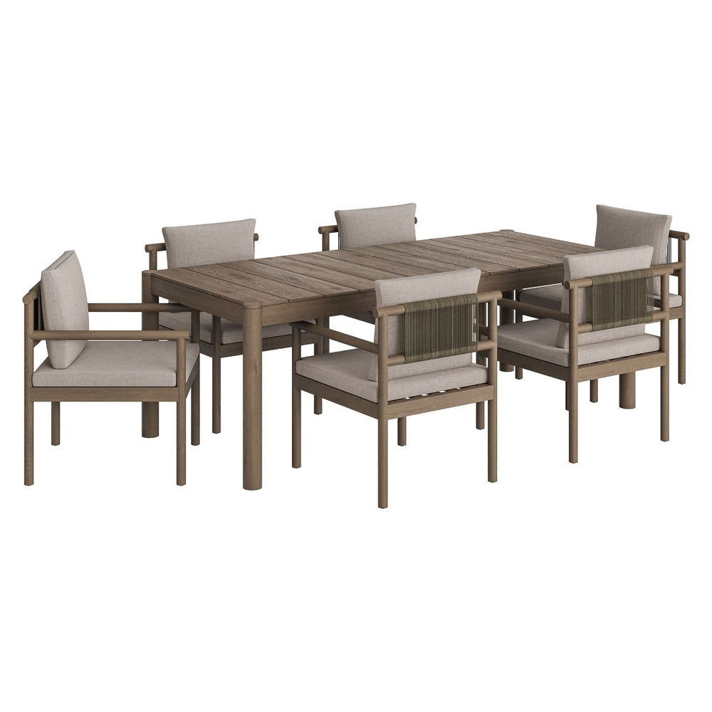 Modway Furniture Eleni Solid Teak Outdoor Dining Set Seats Six with Rope Accent Armchairs Weathered Gray Pebble EEI-7563-WGR-PEB