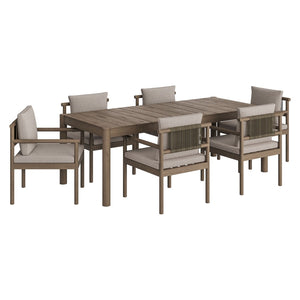 Modway Furniture Eleni Solid Teak Outdoor Dining Set Seats Six with Rope Accent Armchairs Weathered Gray Pebble EEI-7563-WGR-PEB