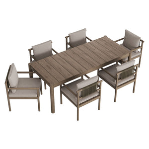 Modway Furniture Eleni Solid Teak Outdoor Dining Set Seats Six with Rope Accent Armchairs Weathered Gray Pebble EEI-7563-WGR-PEB