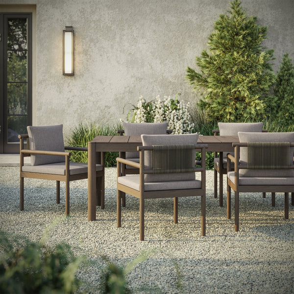 Modway Furniture Eleni Solid Teak Outdoor Dining Set Seats Six with Rope Accent Armchairs Weathered Gray Pebble EEI-7563-WGR-PEB