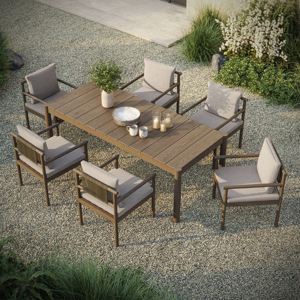 Modway Furniture Eleni Solid Teak Outdoor Dining Set Seats Six with Rope Accent Armchairs Weathered Gray Pebble EEI-7563-WGR-PEB