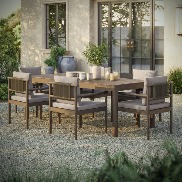 Modway Furniture Eleni Solid Teak Outdoor Dining Set Seats Six with Rope Accent Armchairs Weathered Gray Pebble EEI-7563-WGR-PEB
