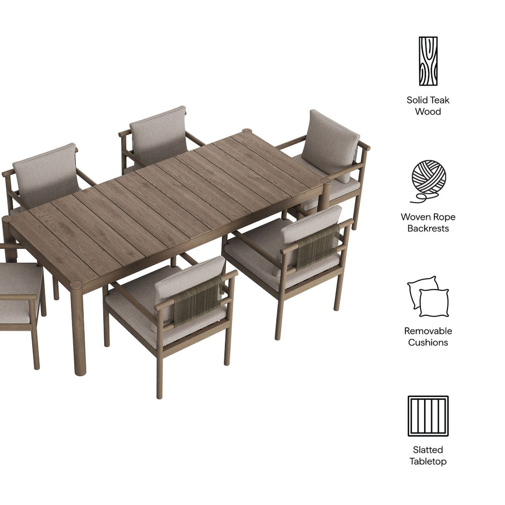 Modway Furniture Eleni Solid Teak Outdoor Dining Set Seats Six with Rope Accent Armchairs Weathered Gray Pebble EEI-7563-WGR-PEB