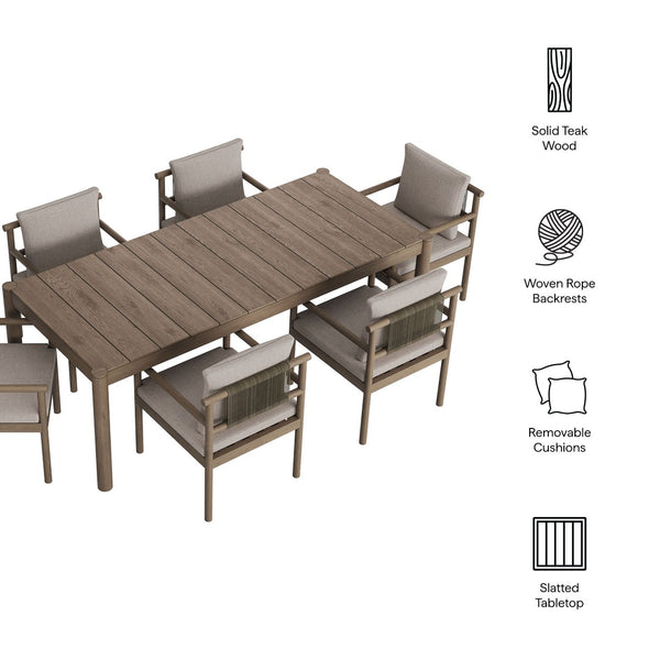 Modway Furniture Eleni Solid Teak Outdoor Dining Set Seats Six with Rope Accent Armchairs Weathered Gray Pebble EEI-7563-WGR-PEB